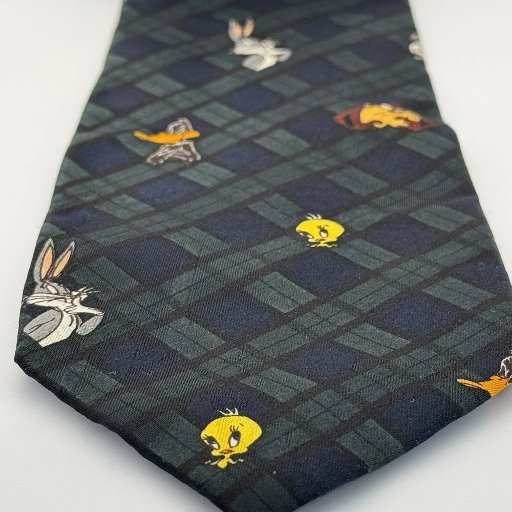 VTG 1993 Looney Tunes Tie Blue Plaid Mania‎ Tweety Taz Daffy Bugs Sylvester 90s